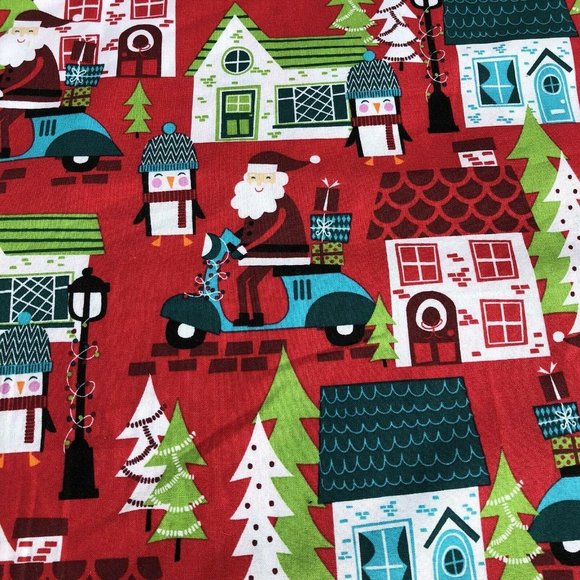 Retro Red Aqua Christmas Holiday Fabric Santa Scooter Motorcycle Holiday 1 Yard - Picture 2 of 2